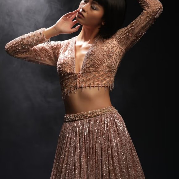 Peach And Silver Ombre Lehenga Embellished In Sequins And Hand Embroidered Choli - Picture 1 of 6